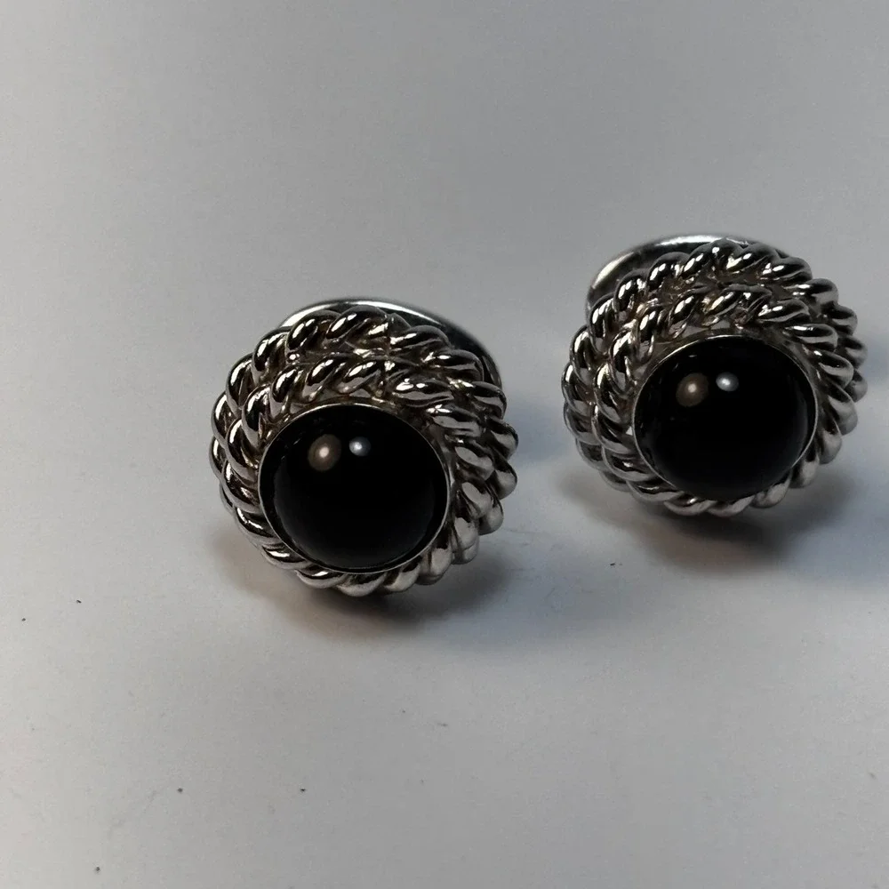 Vintage Cuff Links Silver Tone‎ Black Stone Elegant Mid Century